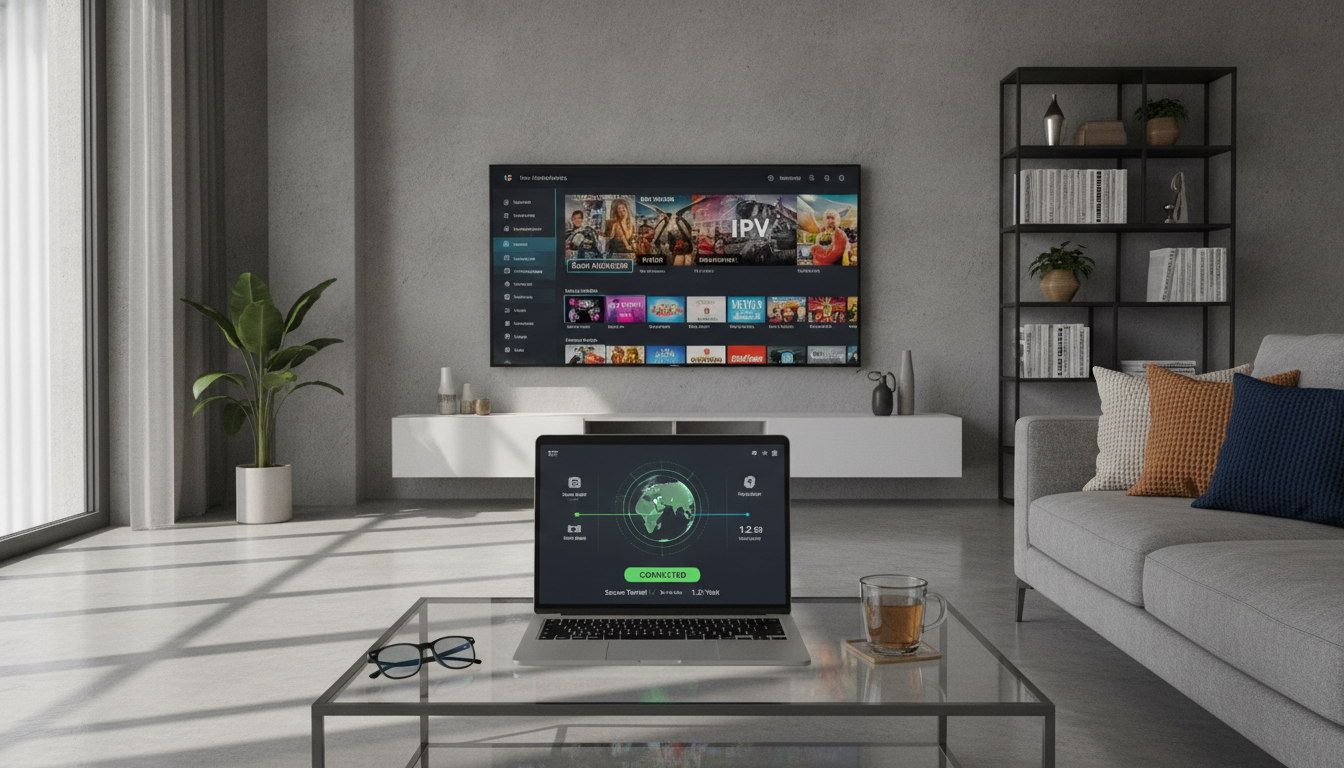 A modern living room setting focused on a sleek smart TV displaying a vibrant IPTV streaming interface. In the foreground, an elegant laptop rests on a glass coffee table, with a visible VPN application open, illustrating its functionality. The scene exudes a warm, inviting atmosphere with soft, natural light filtering through large windows, creating gentle shadows. In the background, stylish decor elements like a bookshelf filled with tech magazines and cozy cushions add depth to the space. The angle should emphasize the TV and laptop, showcasing a contrast between the digital world of streaming and everyday life. The overall mood is relaxed yet tech-savvy, highlighting the importance of protection while streaming content online.